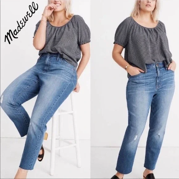 MADEWELL High Rise Slim Crop Boyfriend Jeans 25 Raw Hem Denim Cotton Blend Blue - Picture 1 of 5